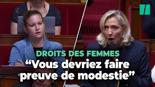 Attaquée par Panot sur les droits des femmes Le Pen la renvoie à ses « amitiés » avec le Hamas [upl. by Howzell820]