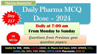 Day 217 Daily Pharma MCQ Dose Series 2024 II 50 MCQs II exitexam pharmacist druginspector dsssb [upl. by Anelagna]