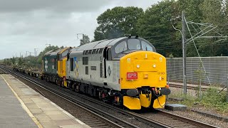 Class 37 37901 and 37407 passing Westenhanger with a 2 tone horn with Intermodal Flat bed wagons [upl. by Bencion510]