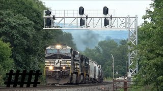 NS Trains at Huntingdon PA Station PT 2025 on the Pittsburgh Line at South 4th St RR Crossing [upl. by Leilah]