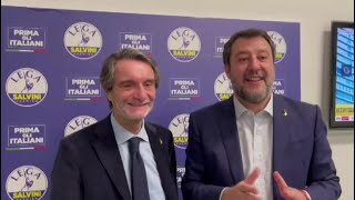 Regionali Lombardia l’esultanza di Salvini e Fontana nella sede della Lega a Milano [upl. by Irrabaj]