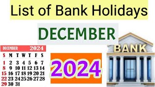 List of Bank holidays December 2024 December 2024 Bank Holidays In India [upl. by Llednyl]