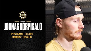 Joonas Korpisalo talks about getting a shutout in the Bruins 10 win over Utah [upl. by Hasile]