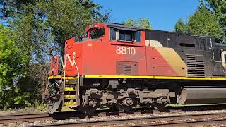 CN 8801 2506 3125 2996 Westbound train with grain hoppers LP Smart Side on center beam flat cars [upl. by Nealah64]