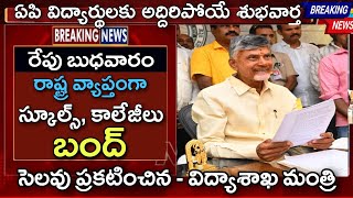 ఏపి రాష్ట్ర వ్యాప్తంగా బంద్ రేపు స్కూల్స్ కాలేజీలకు సెలవు ప్రకటించిన విద్యాశాఖ మంత్రి  AP Schools [upl. by Romeo]