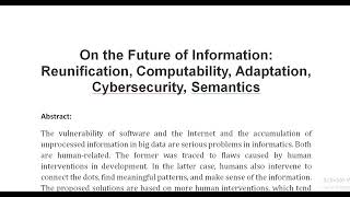 On the Future of Information Reunification Computability Adaptation Cybersecurity Semantics [upl. by Rush]