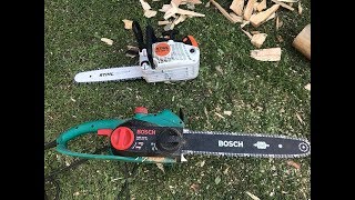 Fierastrau electric Bosch AKE 40 S vs Motofierastrau Stihl MS 193 TC [upl. by Aeli]