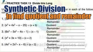 Practice Task SYNTHETIC DIVISION to find quotient and remainder [upl. by Jenkins718]