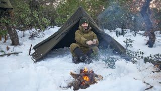 Bushcraft adventure trip in snow with Canvas Lavvu making efficient grill to grill meat [upl. by Lorant]