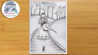 How to draw a scenery of a girl walking alone on a railway line with her guitar  pencil sketch [upl. by Etnahs]