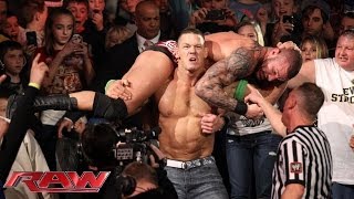 John Cena and Randy Orton brawl outside the ring Raw Jan 20 2014 [upl. by Chute180]