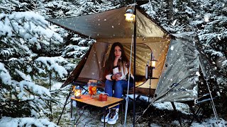 Winter Camping in Snowstorm  Solo Overnight in the woods  Cozy ASMR [upl. by Kayne]