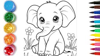 how to draw and colour Elephant  Easy Elephant drawing painting  how to draw [upl. by Melvyn299]