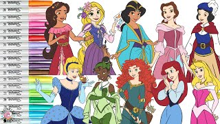 Disney Princess Coloring Book Compilation Anna Elsa Ariel Rapuznel Belle Mulan Elena Merida Tiana [upl. by Lorinda]