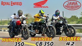 Jawa Bobber 42 vs RE Hunter 350 vs Honda Highness CB 350  Drag Race  TopEnd Test  Results 🔥 [upl. by Sullecram80]