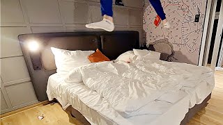 Lets test how bouncy this hotelbed is 😁 Hotel Bed Jumping [upl. by Favrot20]