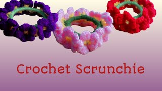 Crochet scrunchie tutorial for beginners  How to crochet a hair tie  Crochet floral scrunchie [upl. by Wojak]