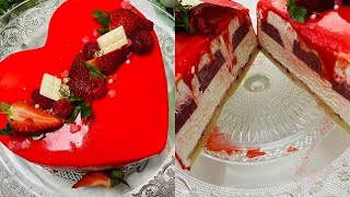 حلوى على شكل قلب ❤️ بموس الفانيلا و كلاصاج لامع مع جميع المراحل  Entremets coeur Fraiseframboise [upl. by Jonathon]