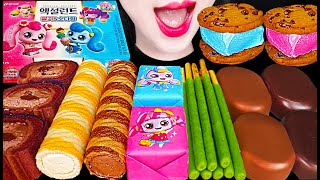 ASMR Pink Blue Ice Cream Chocolate Ice Cream Green Sticks 핑크 블루 초콜릿 아이스크림 먹방 Mukbang [upl. by Madelene]