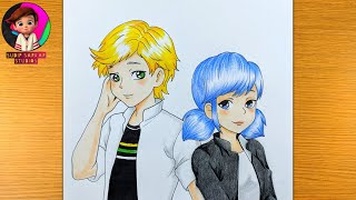 How to draw Marinette amp Adrien together from Miraculous Lady Bug [upl. by Gundry]