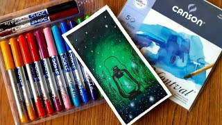 Lantern amp Fireflies Watercolor Painting with DOMS Brushpen  Artistcastle by Sri [upl. by Goles]